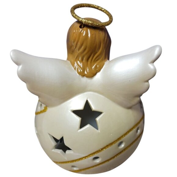 QVC Ceramic Angel Flameless Candle Luminaries Ornament In Gift Box Gold & Cream - Picture 5 of 11